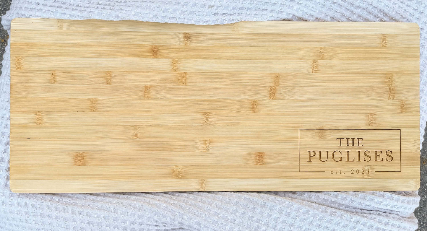 Large bamboo charcuterie board with custom family name design, gift for weddings housewarming realtors